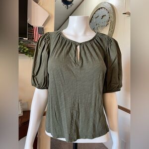 Old Navy Olive Green Blouse Cotton Puff Sleeve Keyhole Top
